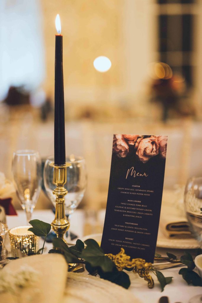 Close Up of the Menu and Table Decoration from Deborah and Russell's Winter Wedding Day