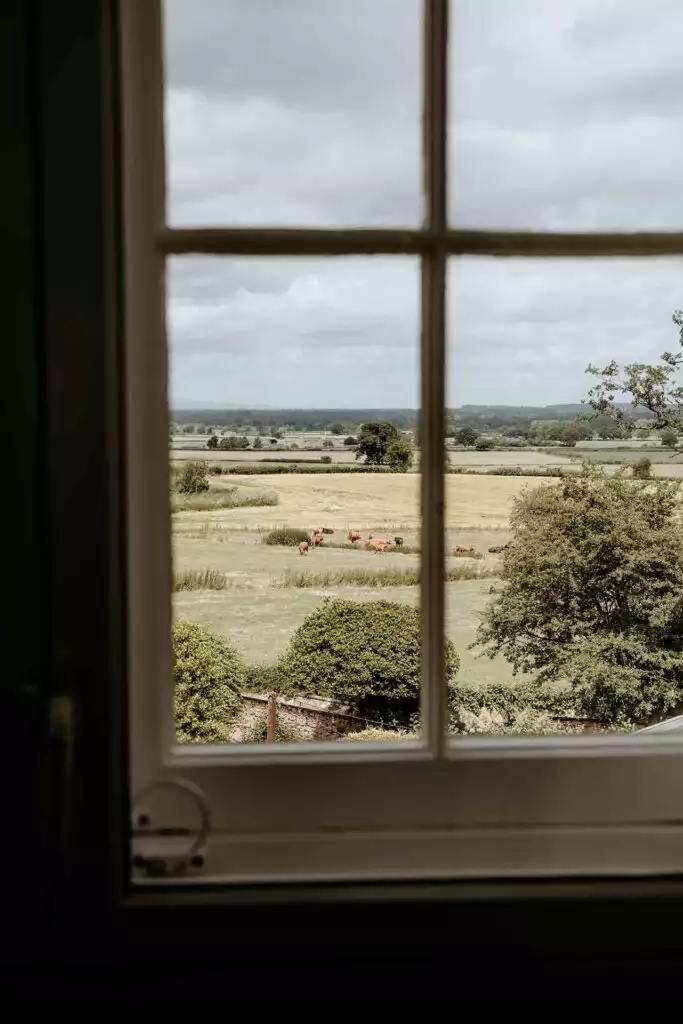 View of the Shropshire countryside through a window at Rowton Castle