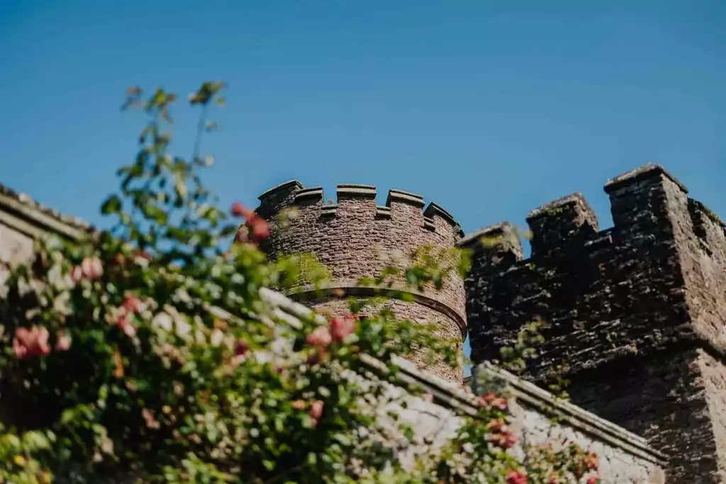 Stone castle towers with crenellated battlements rising above a garden of green foliage and red flowers under a clear blue sky.